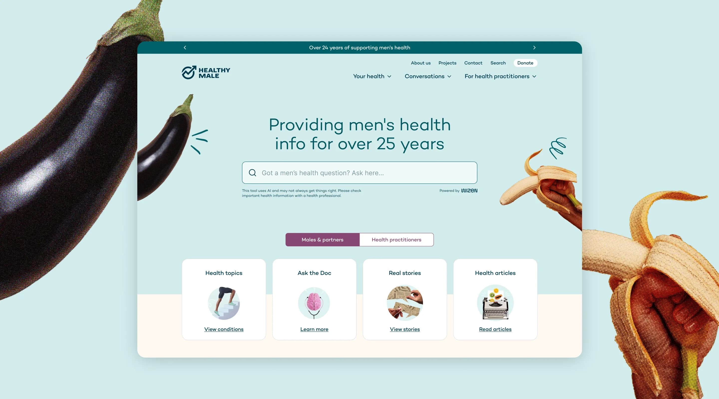 The Healthy Male website with the Wizen search bar on its homepage