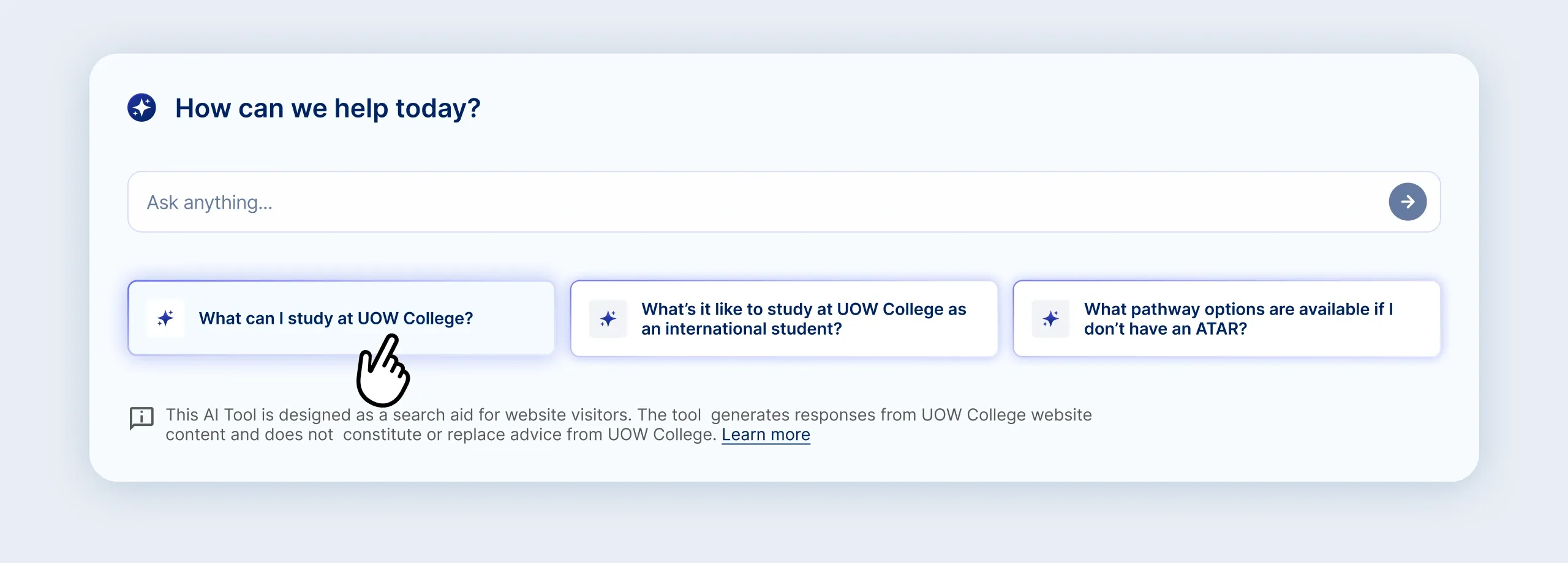 The Wizen assistant panel embedded on the UOW College website