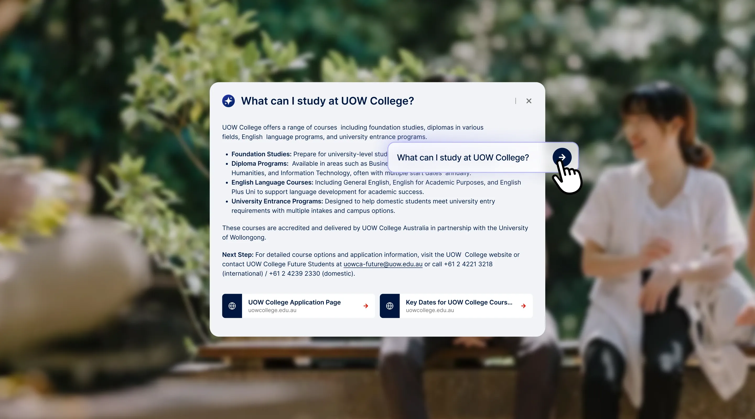 Wizen answering a prospective student question with linked UOW College sources